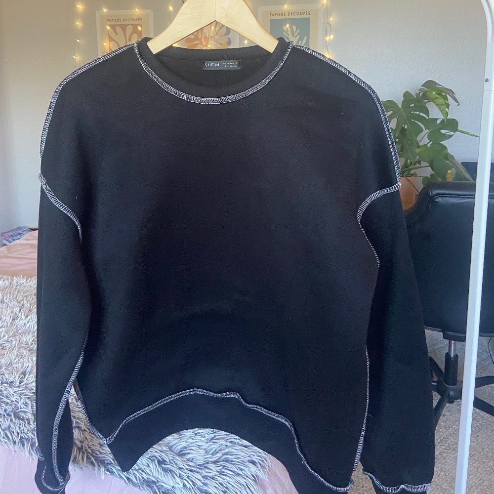 Shein Black inside out white stitching crewneck